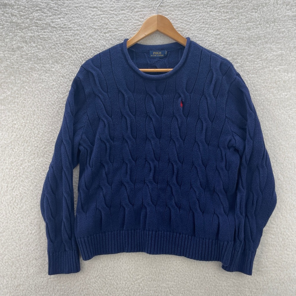Polo Ralph Lauren Sweater Womens Large Blue Roll Neck Cable Knit Preppy Cabin
